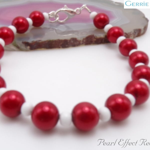 Red & Clear Bead Round Pearl beaded Silver Bracelet.