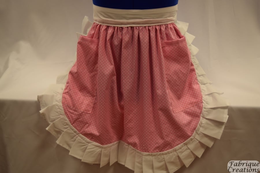 Vintage 50s Style Half Apron Pinny - Pink & White Polka Dot with 2 Pink Pockets