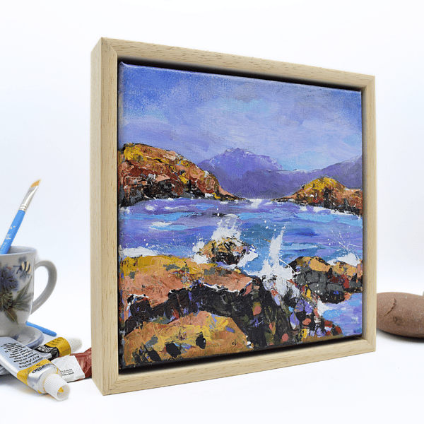 Framed, original coastal landscape - hills - sea - rocks - acrylic painting