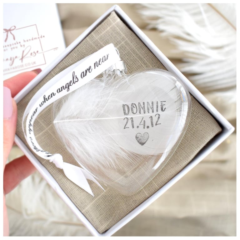 Personalised Feather Memorial Bauble, Heart Glass Christmas Decoration Remember