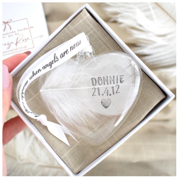 Personalised Feather Memorial Bauble, Heart Glass Christmas Decoration Remember