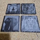 set of 4 wildlife  slate coasters tiger lion rhino and elephant