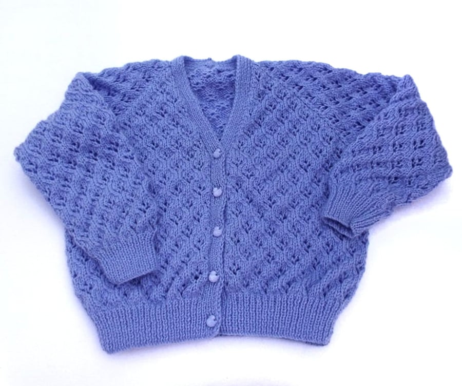 Girls cardigan hand knitted in lavender 26 inch chest approx age 6 years