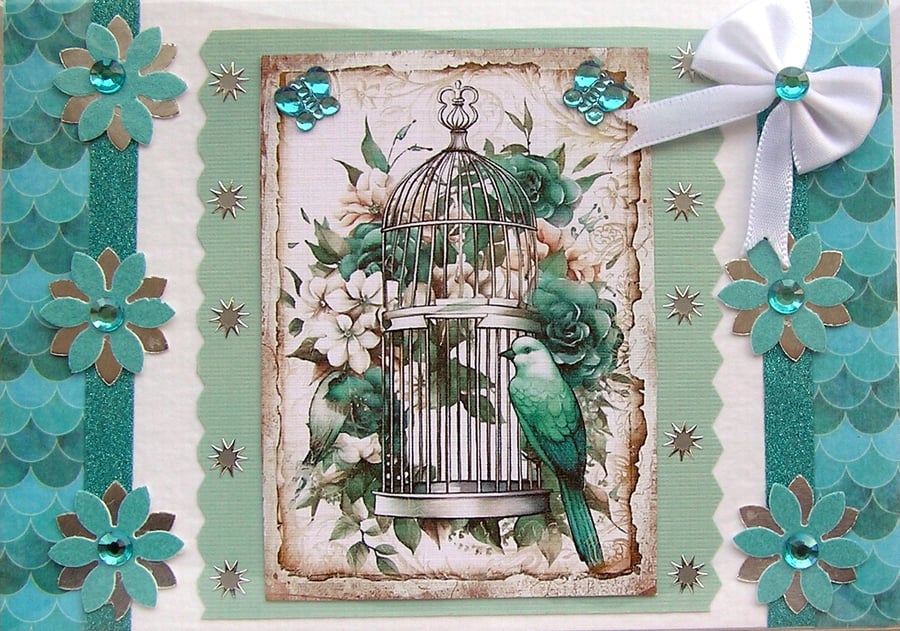 Turquoise Flower Birdcage Hand Crafted Decoupage Card - Blank (2567)