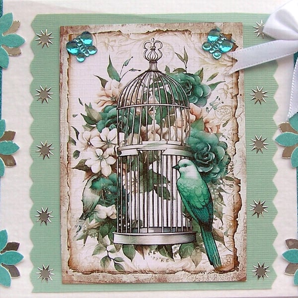 Turquoise Flower Birdcage Hand Crafted Decoupage Card - Blank (2567)