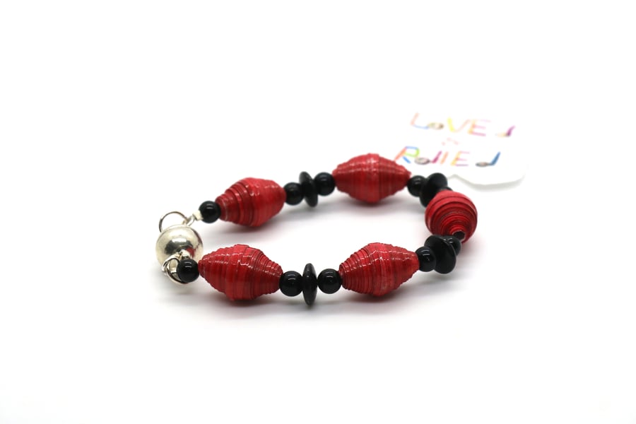Red paper beaded bracelet with black preloved beads