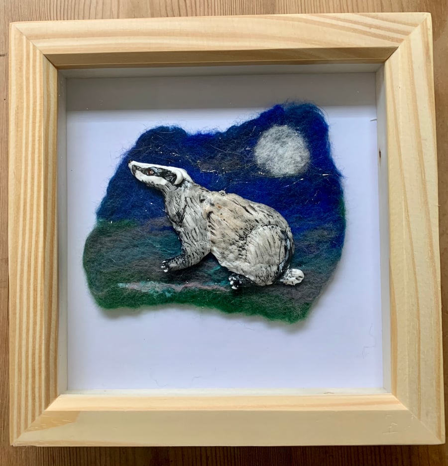 Night badger hand sculpted and felt landscape framed in a shadow box