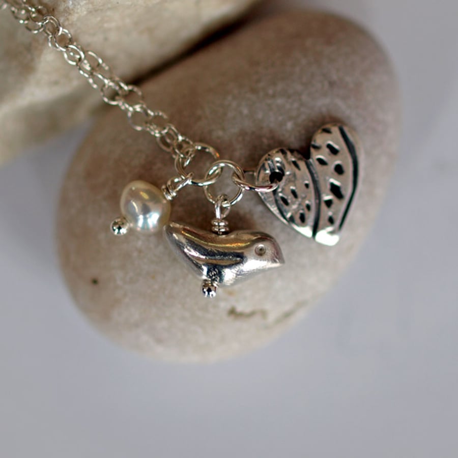 Bird, Patterned Heart and Pearl Charm Pendant