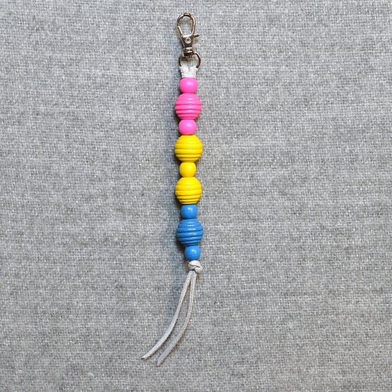 Bag Charm – Pansexual Pride Flag Wood Beads on Grey Suede Cord