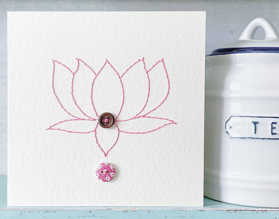 Lotus Flower. Lily. Hand Sewn Card. Blank Card. Thank You Card. Anniversary Card