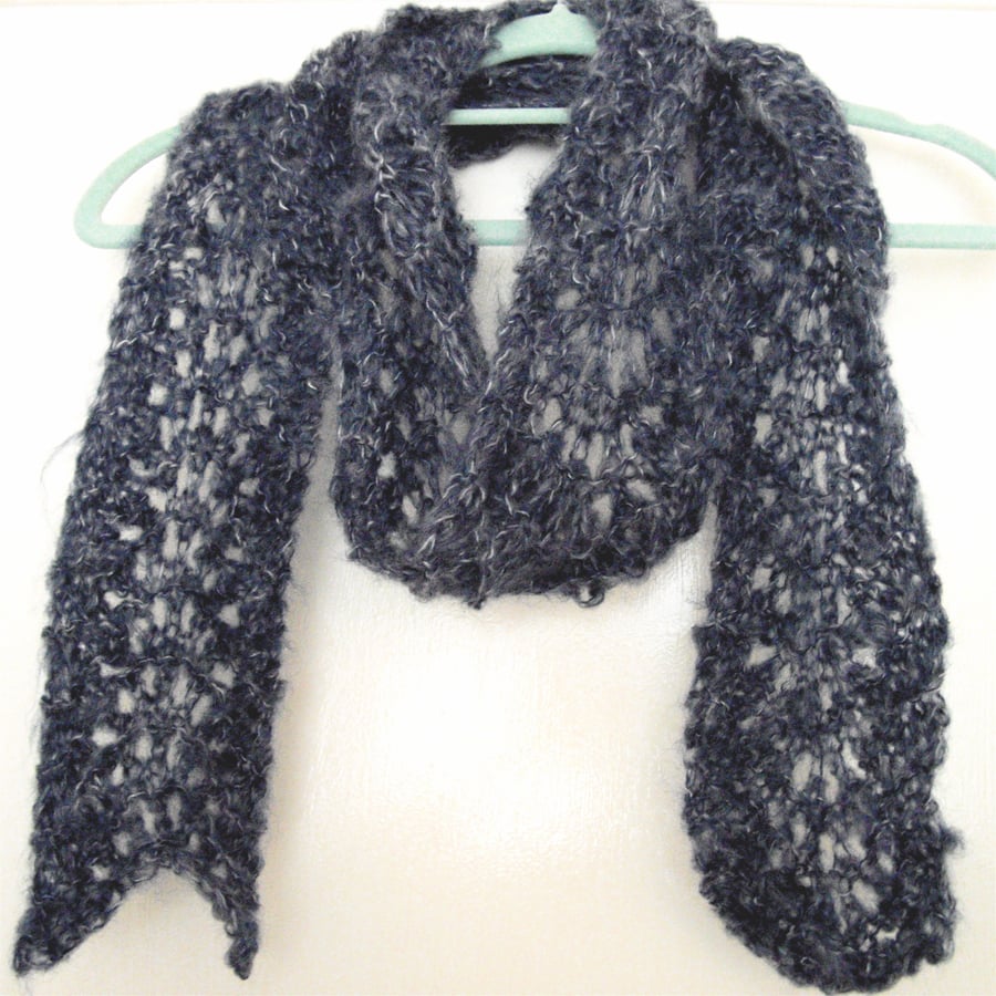 Fluffy Soft Blue Hand Knitted Skinny Scarf