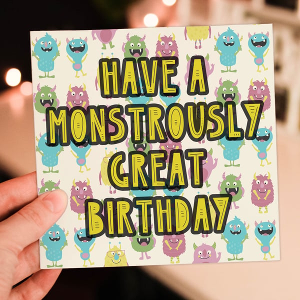 Children's kids child's monster birthday card: Monstrously great birthday