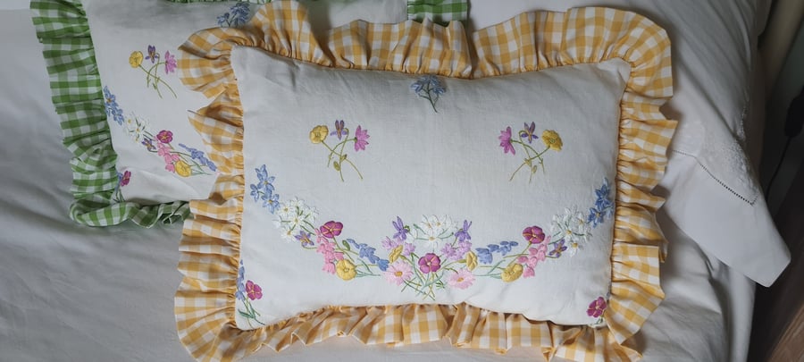 Vintage Embroidery Cushion with Gingham Frill 