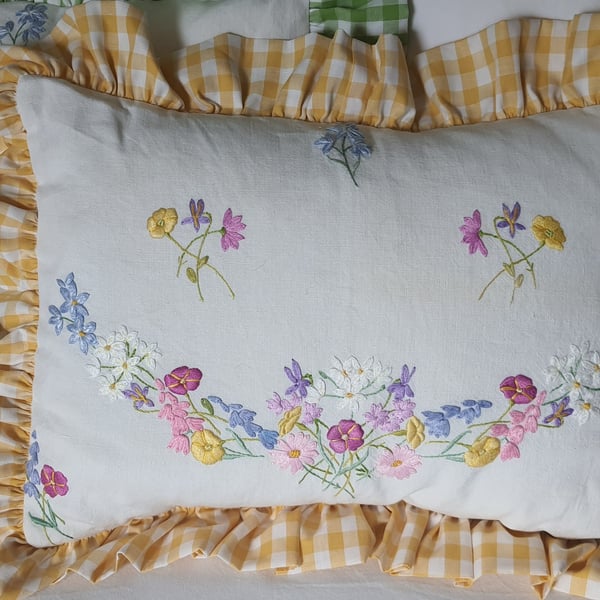 Vintage Embroidery Cushion with Gingham Frill 