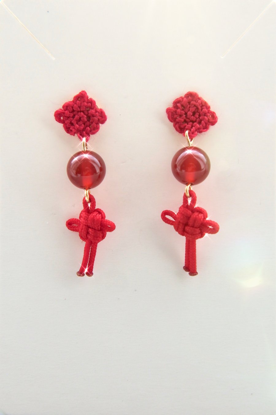 Mini Lucky Knots Red Carnelian microcrochet Stud Drop Earrings 