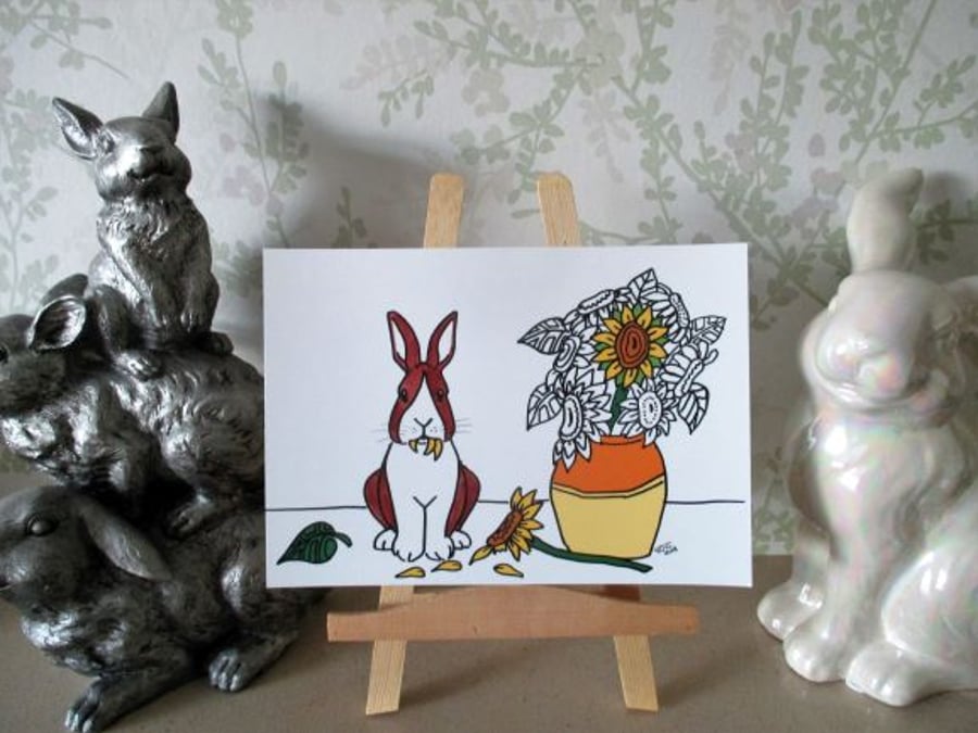 A5 Print of Dutch Bunny Rabbit Vase of Sunflowers Art Picture Limited Edition
