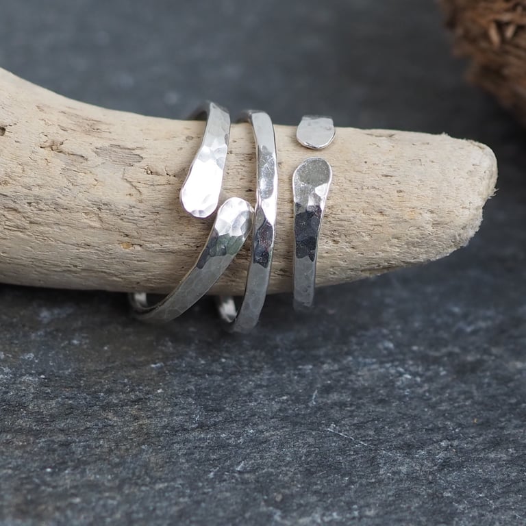 Set of three sterling silver rings with hammered texture