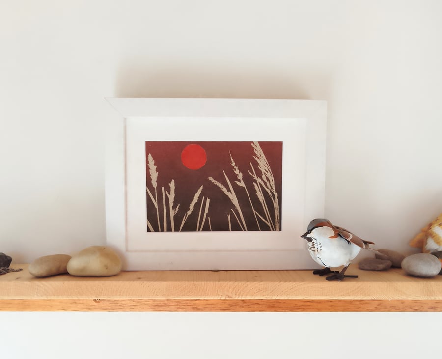 Sunset with grass heads monoprint 