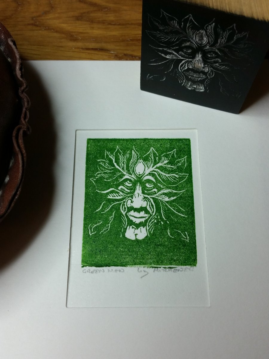 Small Green Man wood engraving, original signed print