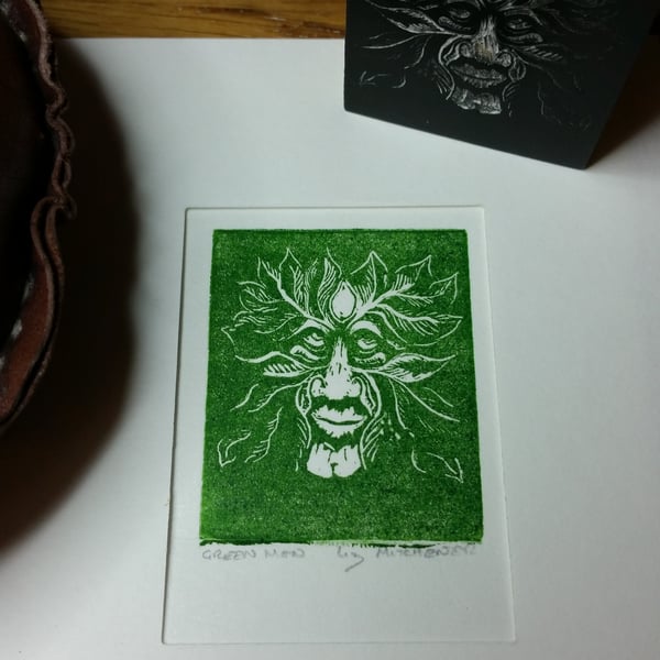 Small Green Man wood engraving, original signed print