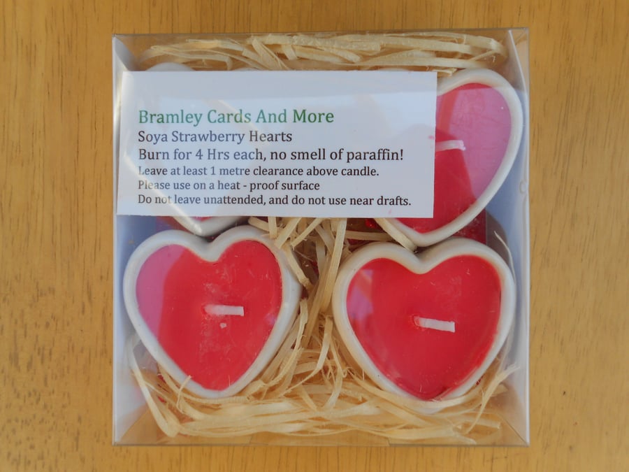 4 Strawberry Soya Heart Shaped Ceramic Candles for Valentines.Mothers Day.