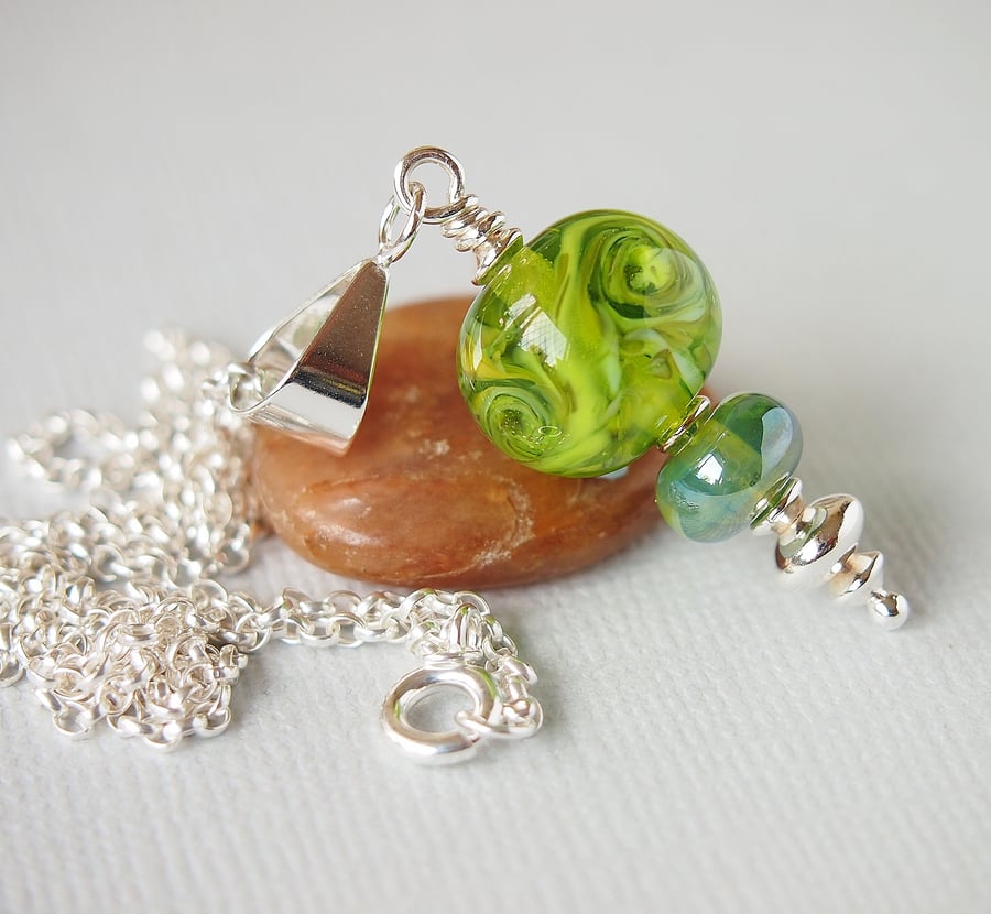 Green Artisan Lampwork Glass Pendant - Sterling Silver