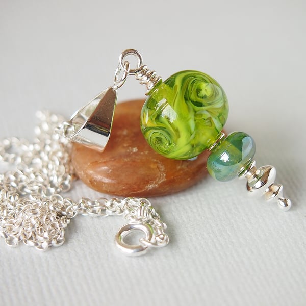 Green Artisan Lampwork Glass Pendant - Sterling Silver