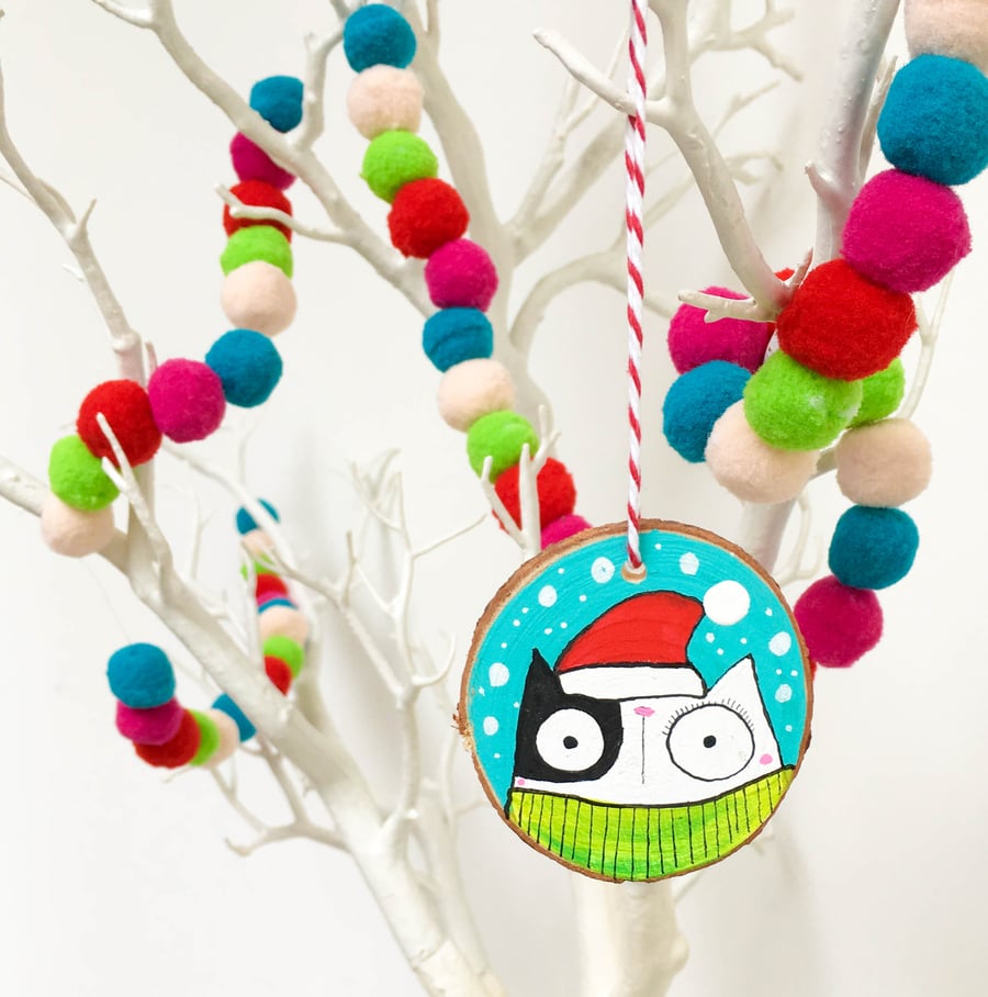 Festive cat handpainted wooden Christmas decoration 