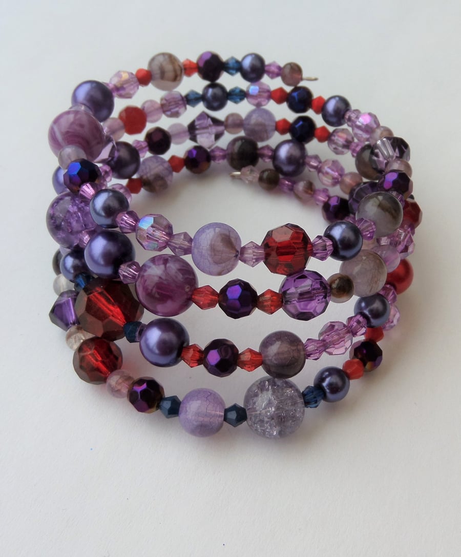 Shades of purple mixed bead memory wire wrap bracelet 