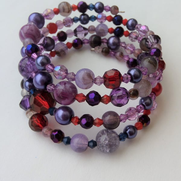 Shades of purple mixed bead memory wire wrap bracelet 