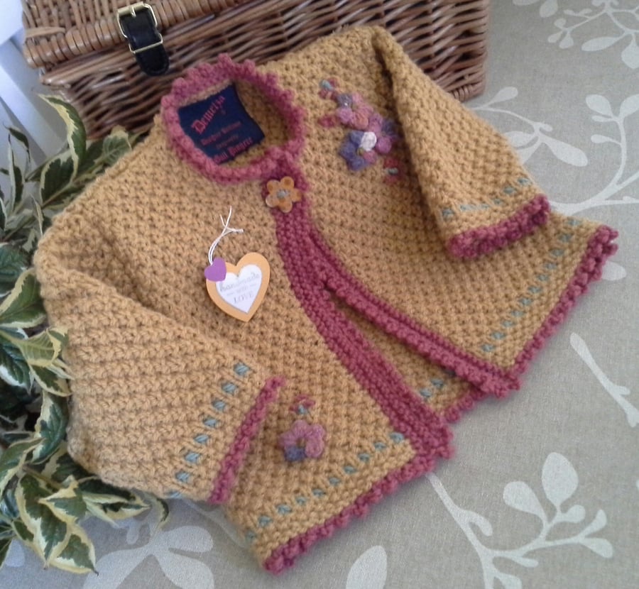 Textured Hand Knitted Baby Girl's Long Aran Jacket with wool 9-18 months size
