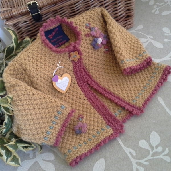 Textured Hand Knitted Baby Girl's Mustard Aran Jacket with wool 9-18 months size