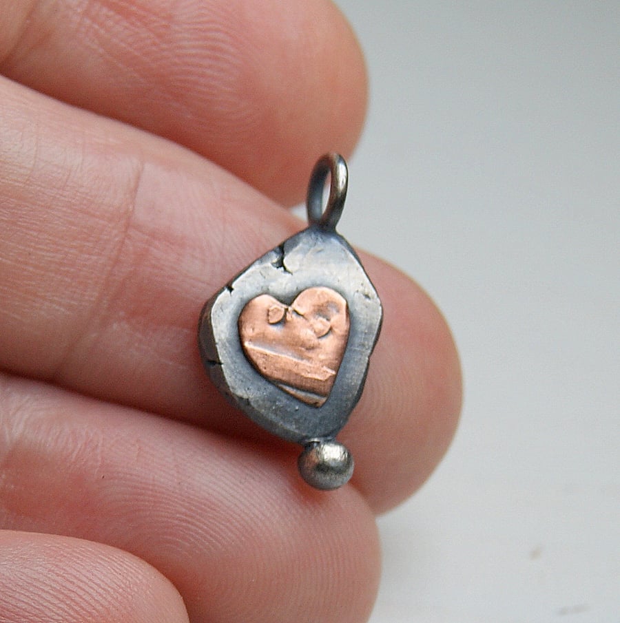 Sterling Silver Heart Pendant, Organic Necklace, Mixed Metals Pendant