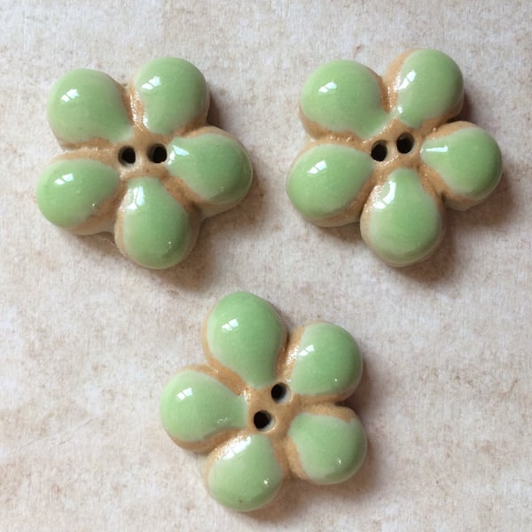 3 Lime green ceramic flower buttons