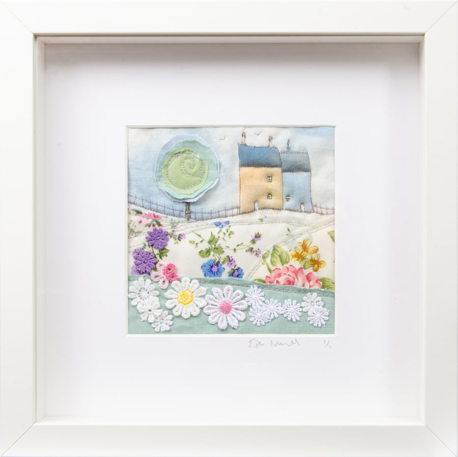 little cottages, textile art (large frame)