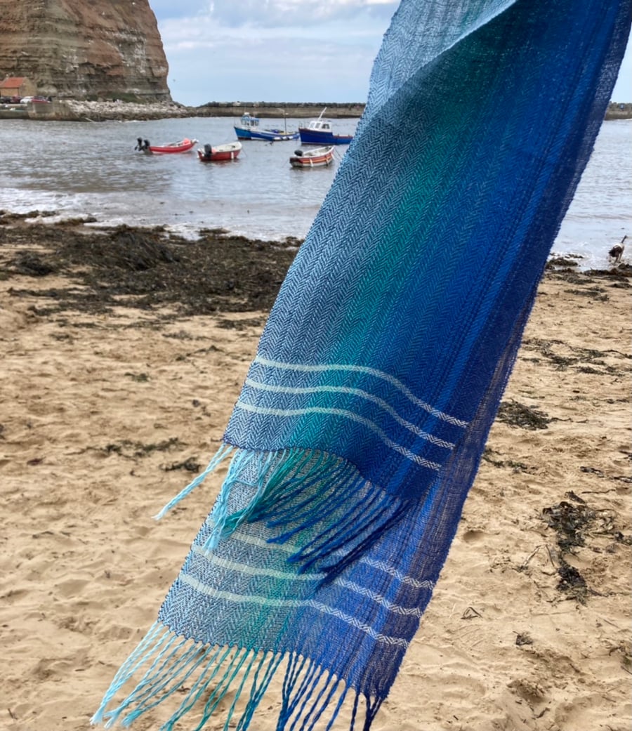 Deep Blue Sea Cotton, Linen and Silk Handwoven Scarf