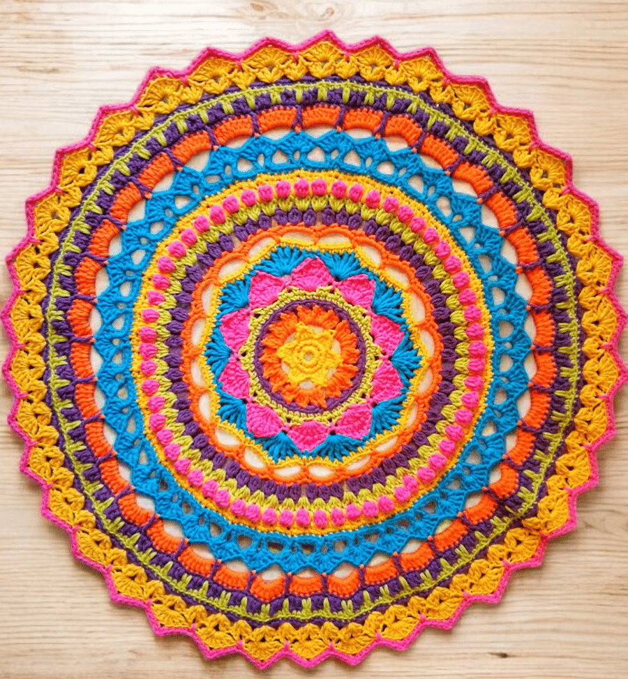 Large, bright crochet mandala doily table mat