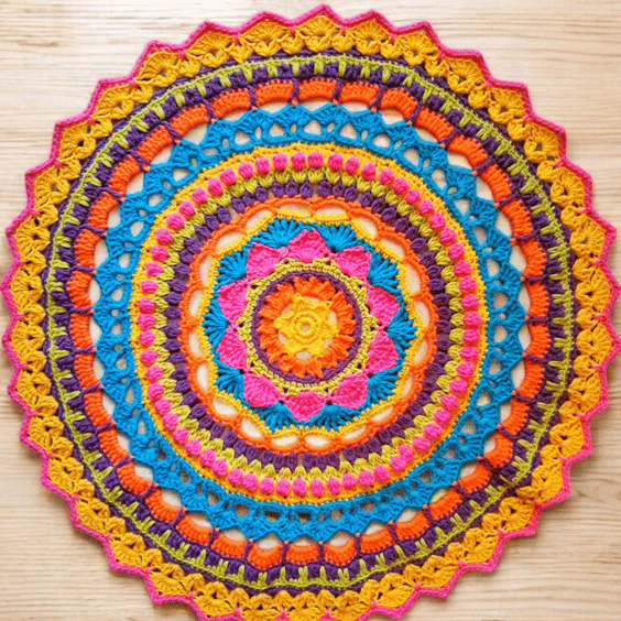 Large, bright crochet mandala doily table mat
