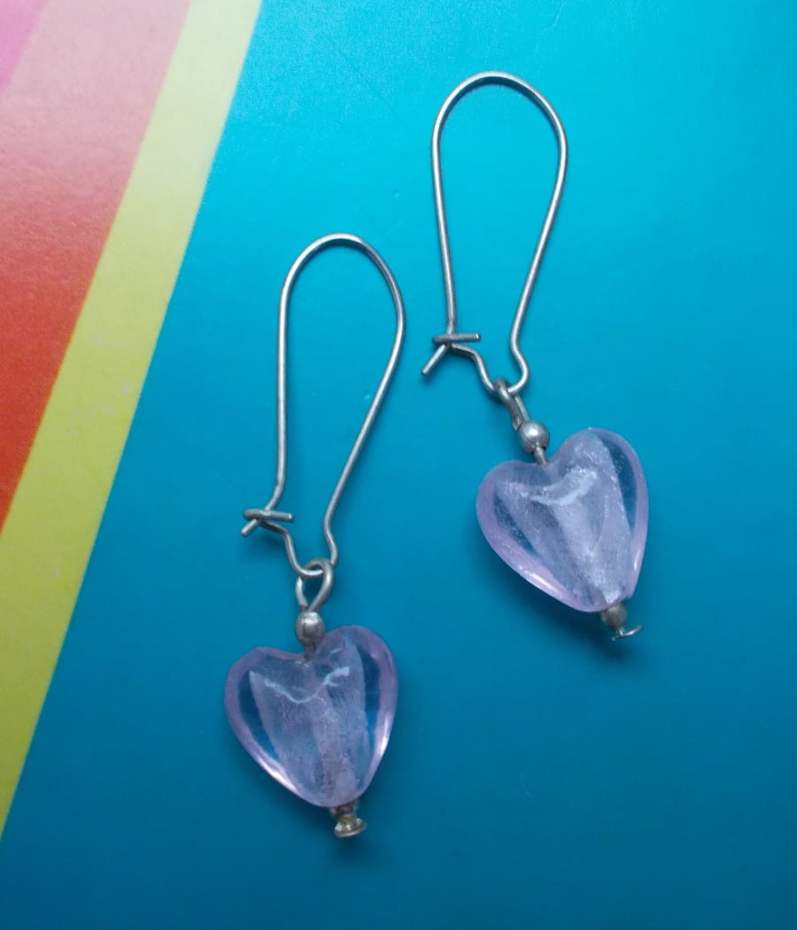 Cloudy White Glass Hearts on Hoop and Hook Earrings