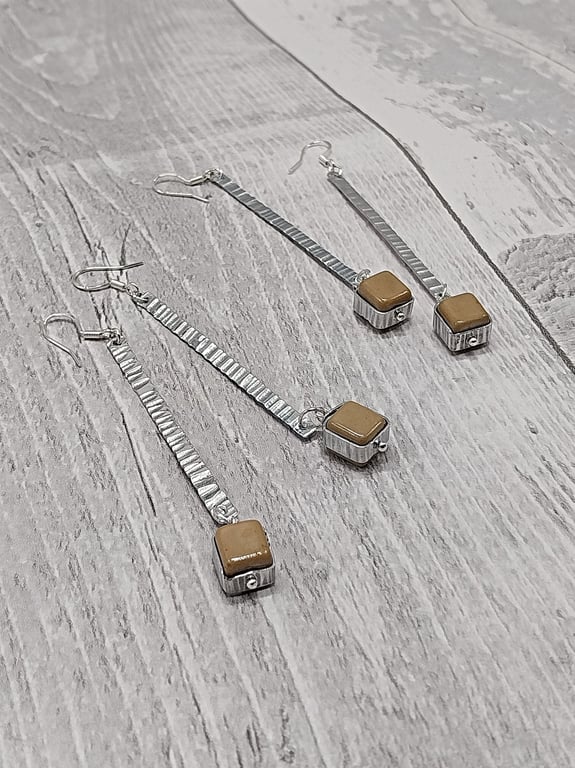 Recycled Aluminium & Square Beige Bead Earrings - Upcycled Jewellery Materials 