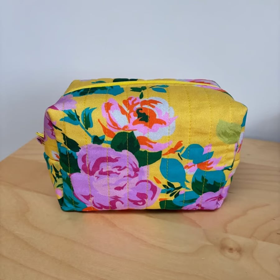 Bright Roses Print Fabric Quilted Box Shape Makeup Bag