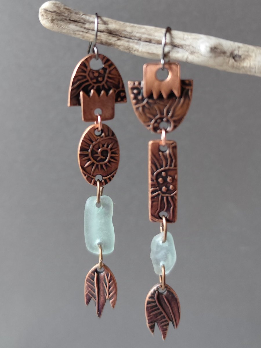 Seaglass shoulder duster earrings, copper, unique jewellery, recycled material