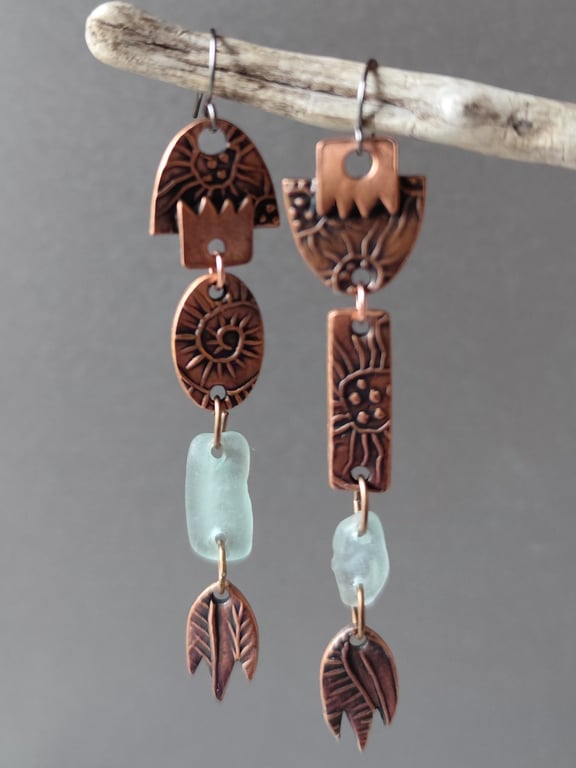 Seaglass shoulder duster earrings, copper, unique jewellery, recycled material
