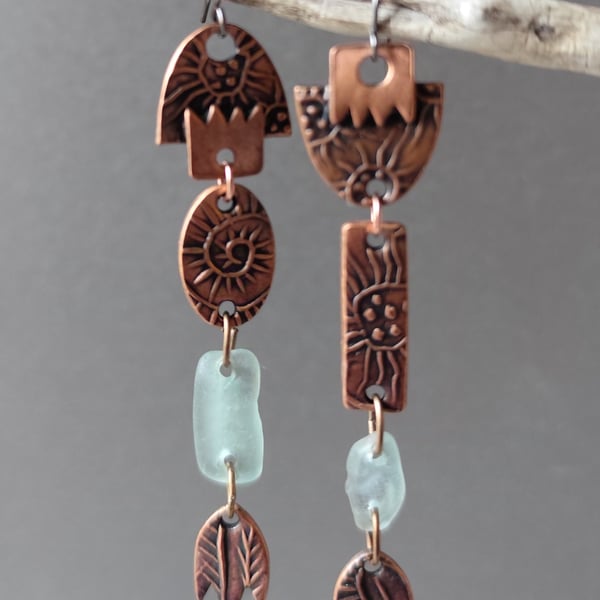 Seaglass shoulder duster earrings, copper, unique jewellery, recycled material