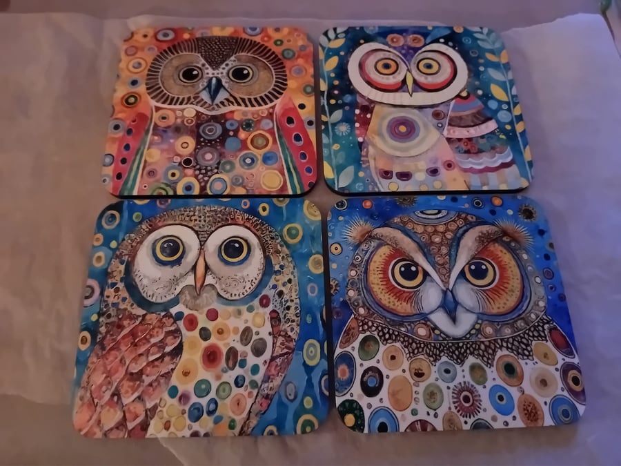 9cm square coaster - Owls - sublimated