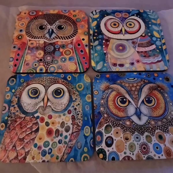 9cm square coaster - Owls - sublimated