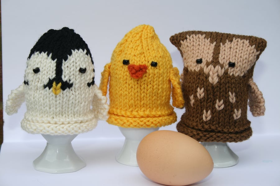 Owl, Chick and Penguin Egg Cosies - KNITTING PDF Pattern