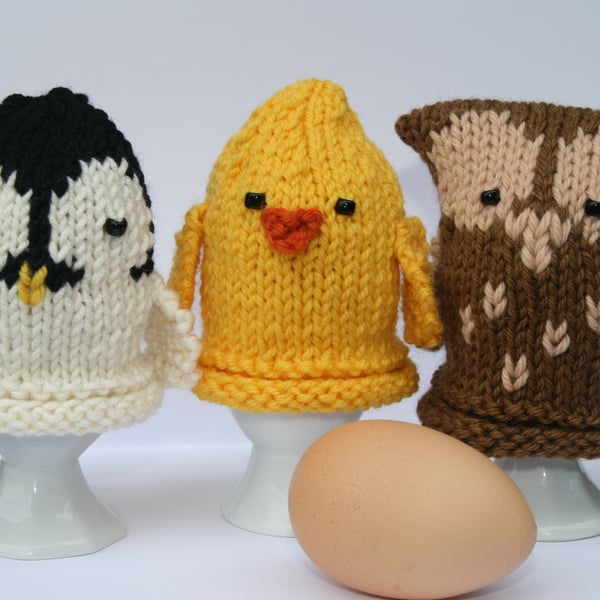 Owl, Chick and Penguin Egg Cosies - KNITTING PDF Pattern