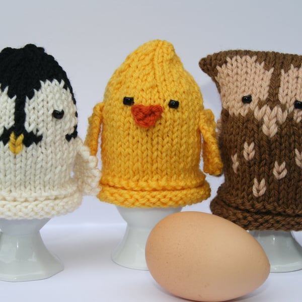 Owl, Chick and Penguin Egg Cosies - KNITTING PDF Pattern