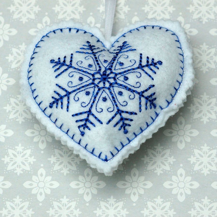 Embroidered felt hanging heart with large snowflake detail